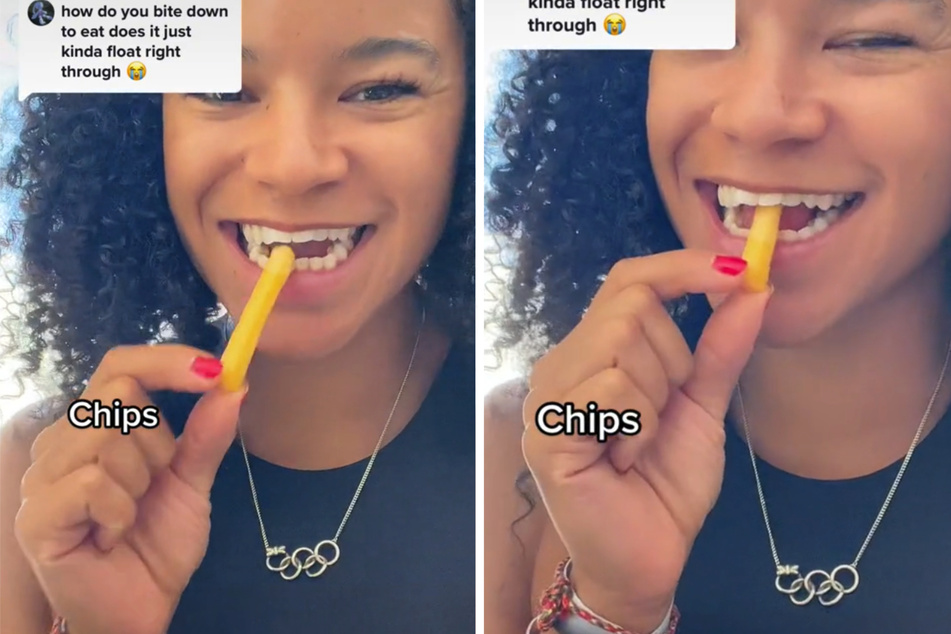 Auf TikTok zeigt Mica Moore (29) ihren Followern, wie ihr die Fehlstellung ihrer Zähne das Essen erschwert.