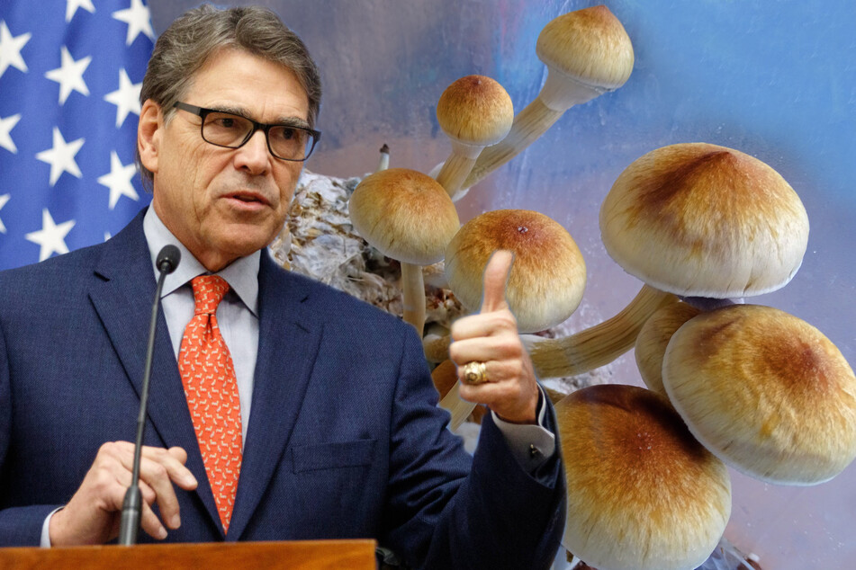 Former Texas Governor Rick Perry has announced his support for a bill that proposes studying psilocybin as a treatment option for PTSD (collage, stock image).
