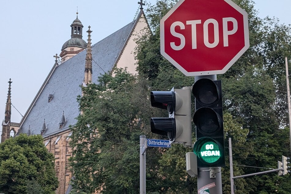 "GO VEGAN" steht auf der Ampel an der Kreuzung Gottschedstraße/Dittrichring.