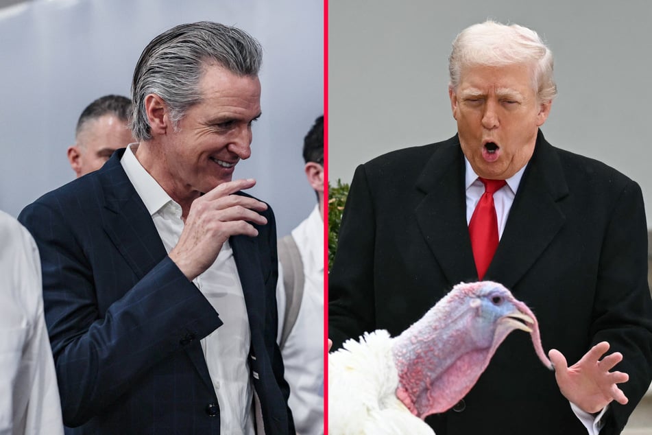 California Governor Gavin Newsom (l.) trolled President Donald Trump with a post depicting him as a turkey ahead of Thanksgiving.