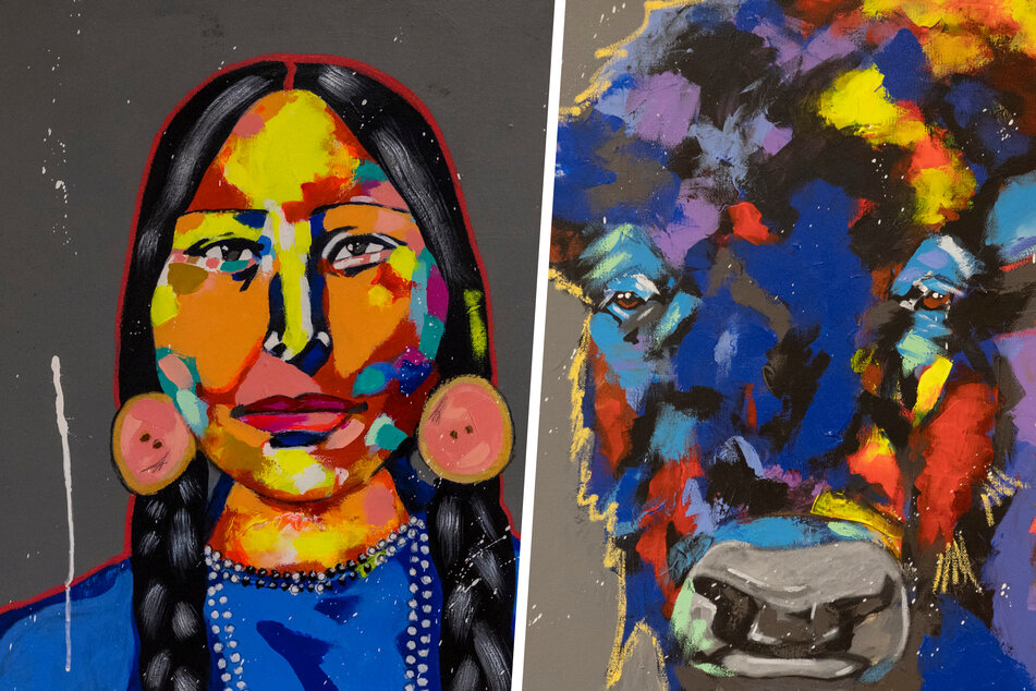 Links: Das kraftvolle Frauenportät wird in der Ausstellung indigener Künstler zu sehen sein. Rechts: Ein Büffel aus der Sammlung von Martin Schulz.