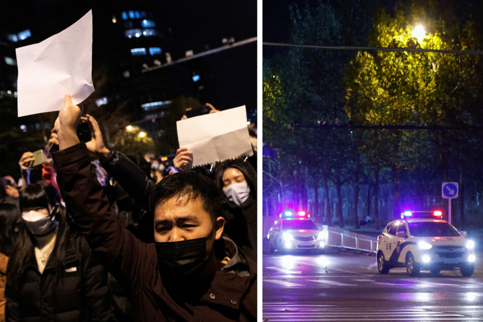 Police cars patrolled a street in Beijing as calls for protests against coronavirus restrictions have continued.