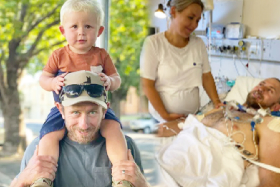 Nathan vor dem Unfall mit seinem kleinen Sohn Harry und rechts mit seiner Frau nach dem Schicksalsschlag im Krankenhaus.