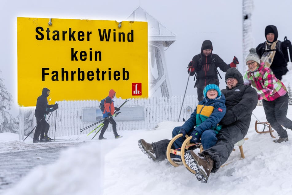 Orkanartige Böen im Erzgebirge: Wintersportler trotzen Sturm auf Fichtelberg