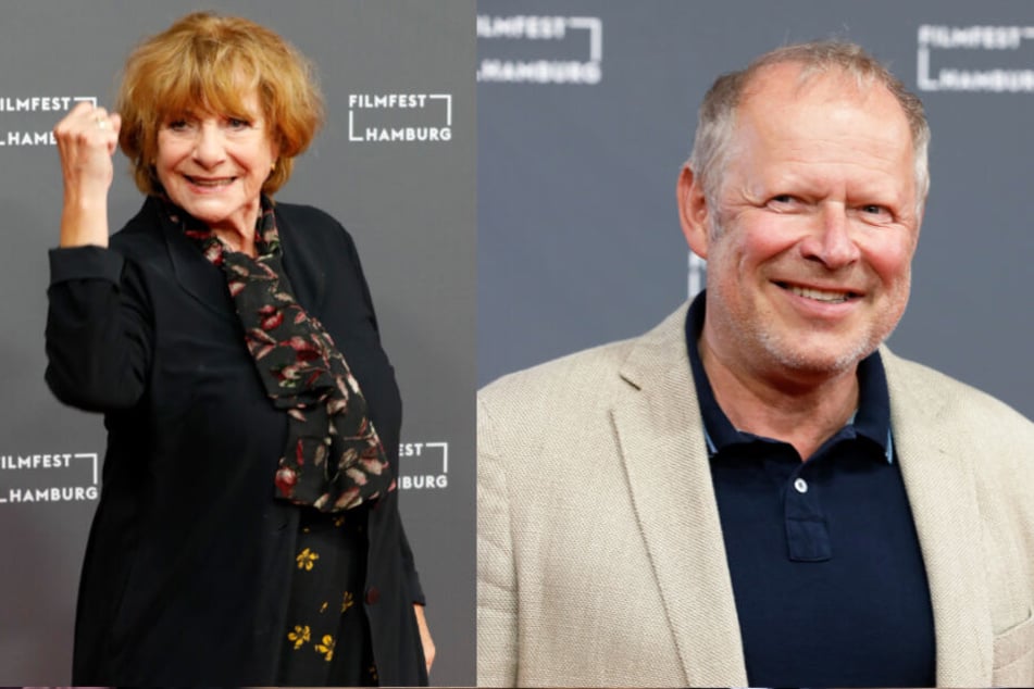 Die Schauspieler Hannelore Hoger und Axel Milberg stehen auf dem Roten Teppich.