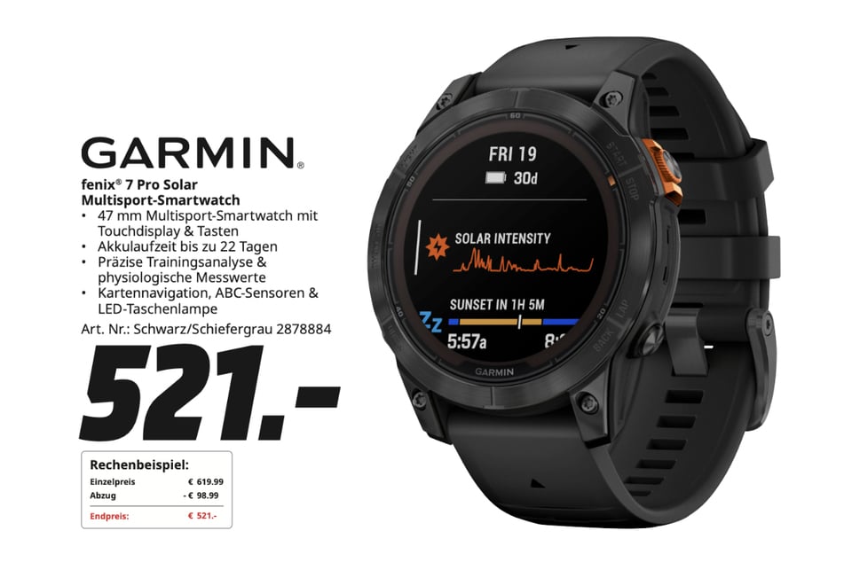 Garmin-Smartwatch Fenix 7 Pro Solar für 521 Euro.