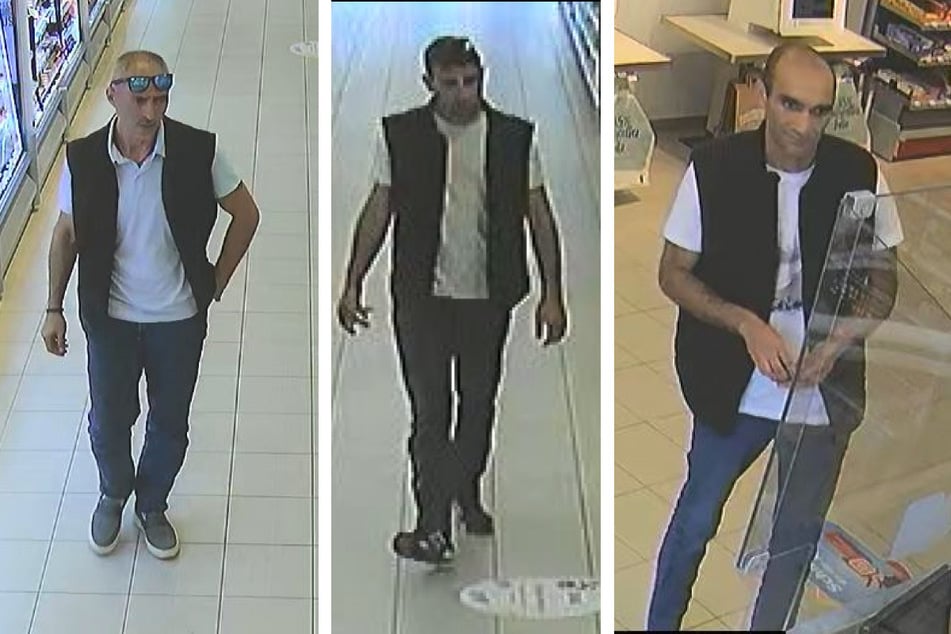 Die Polizei sucht nach diesen drei bislang unbekannten Männern, die in Bad Liebenwerda (Elbe-Elster) Kosmetika gestohlen haben sollen.