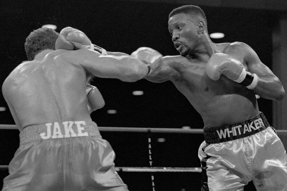18. November 1995, USA, Atlantic City: WBC-Weltergewichtsmeister Pernell Whitaker (r) im Boxkampf gegen Herausforderer Jake Rodriguez .