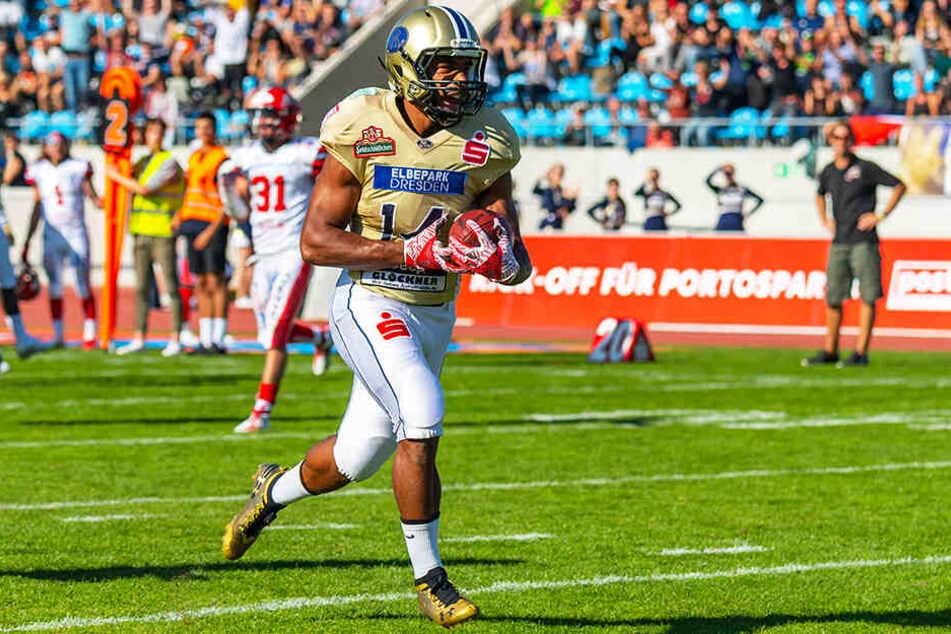 Die Dresdner Offense - hier durch Widereceiver Jordan Bouah erfolgreich - kam beim 39:22 gegen Marburg zwar zu insgesamt fünf Touchdowns, leistete sich aber auch jede Menge Fehler.