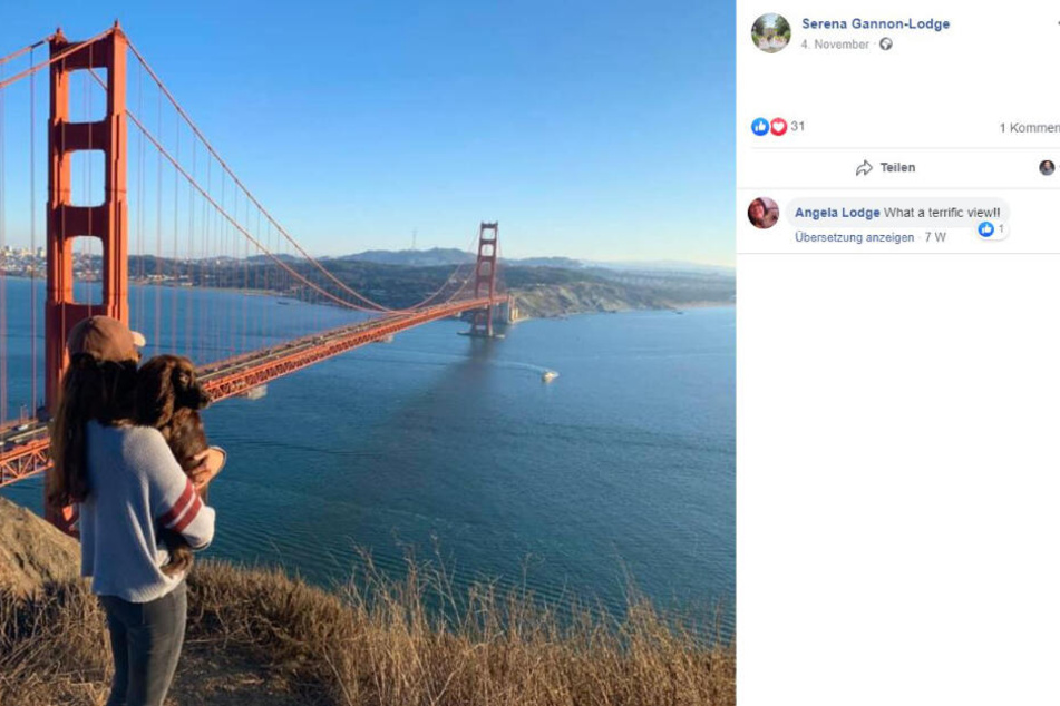 Serena Gannon-Lodge mit Millie vor der Golden Gate Bridge von San Francisco.