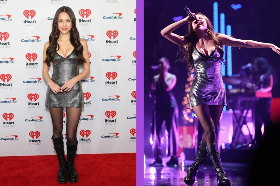 Olivia Rodrigo dazzled in a tiny silver-grey mini dress and sheer black tights at iHeartRadio's Jingle Ball in Inglewood, California this Friday.