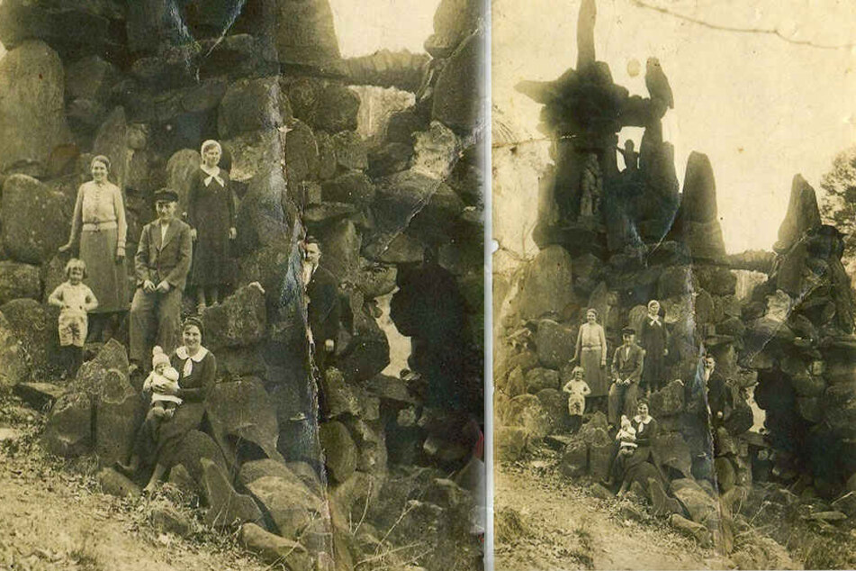 Diese Aufnahme entstand um 1900, zeigt die Grotte vor dem Einsturz. Bislang rätselten Experten über die Figur im Gestein oben links.