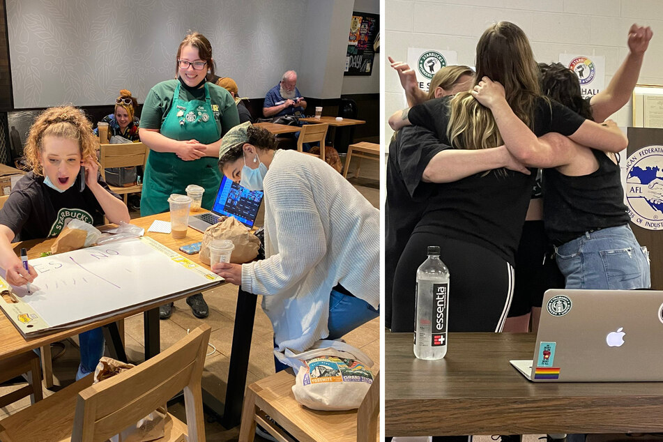 Starbucks workers in Pittsburgh (l.) and Knoxville (r.) celebrate as their union election results are announced.