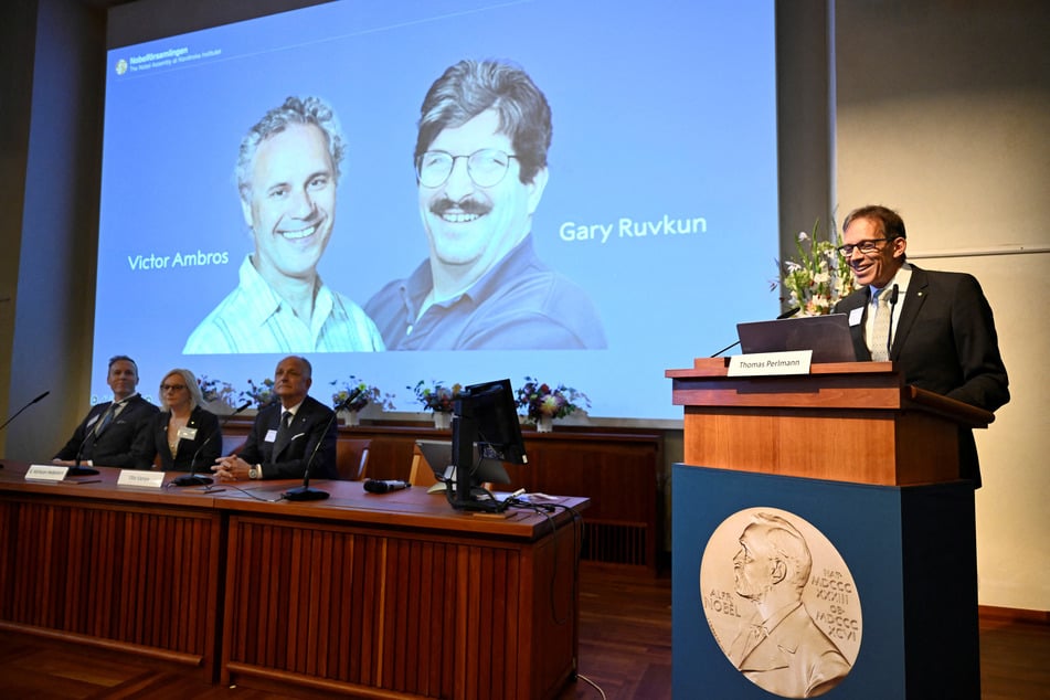 Thomas Perlmann, secretary of the Nobel Assembly and the Nobel Committee, speaks as Victor Ambros and Gary Ruvkun are awarded this year's Nobel Prize in Physiology or Medicine.