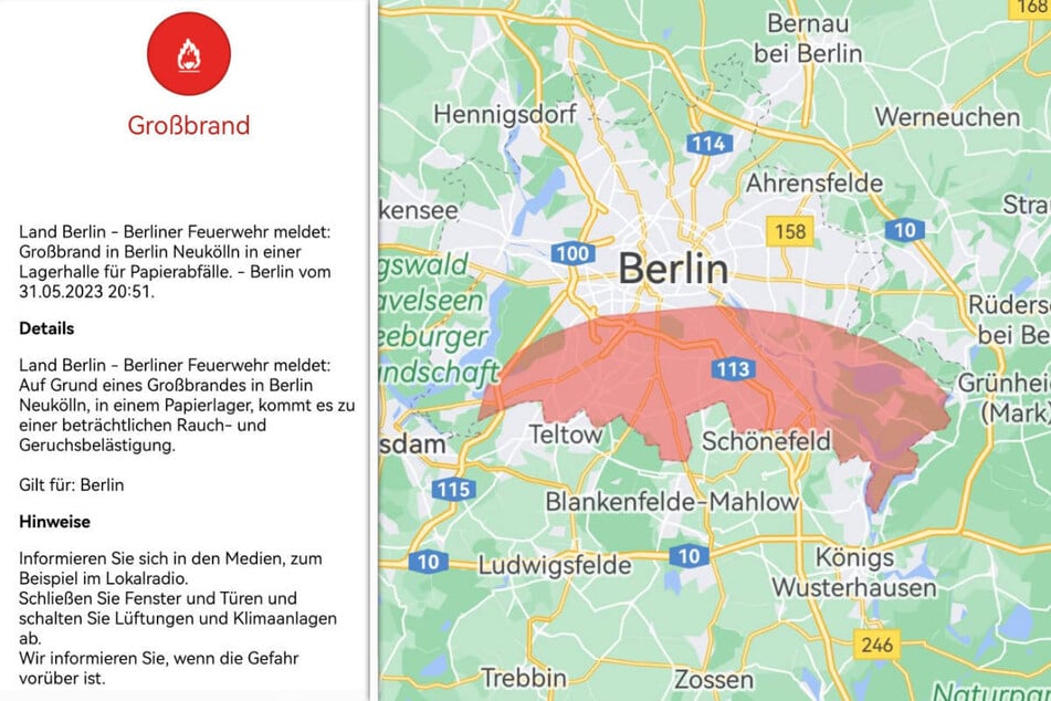 Das Land Berlin hat die Bevölkerung über die App Katwarn vor dem Großbrand im Bezirk Neukölln gewarnt. Die Karte zeigt die Ausdehnung der riesigen Rauchwolke.