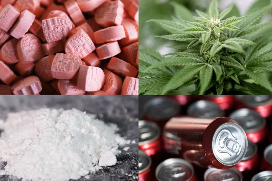 Immer mehr Menschen konsumieren einen gefährlichen Drogenmix: Ecstasy (oben links), Cannabispflanzen (rechts), Kokain (unten links) und Bierdosen (rechts).