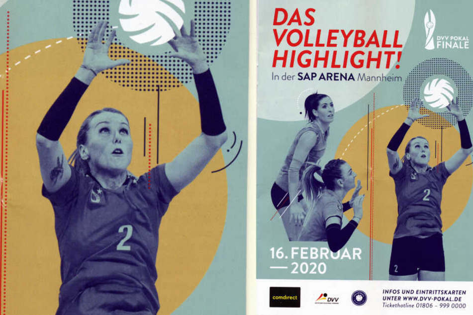 Die Werbung zum Pokalfinale 2020 im Programmheft der BR Volleys: Rechts DSCerin Mareen von Römer im Zuspiel.