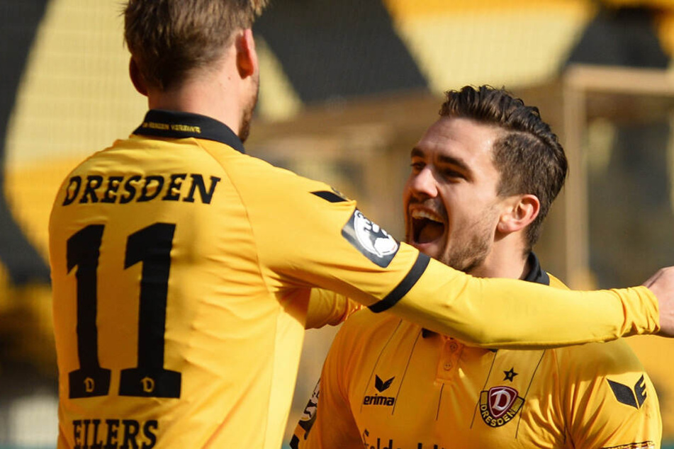 Gemeinsam mit Pascal Testroet (re.) schoss Eilers Dynamo 2016 zurück in die zweite Fußball-Bundesliga.