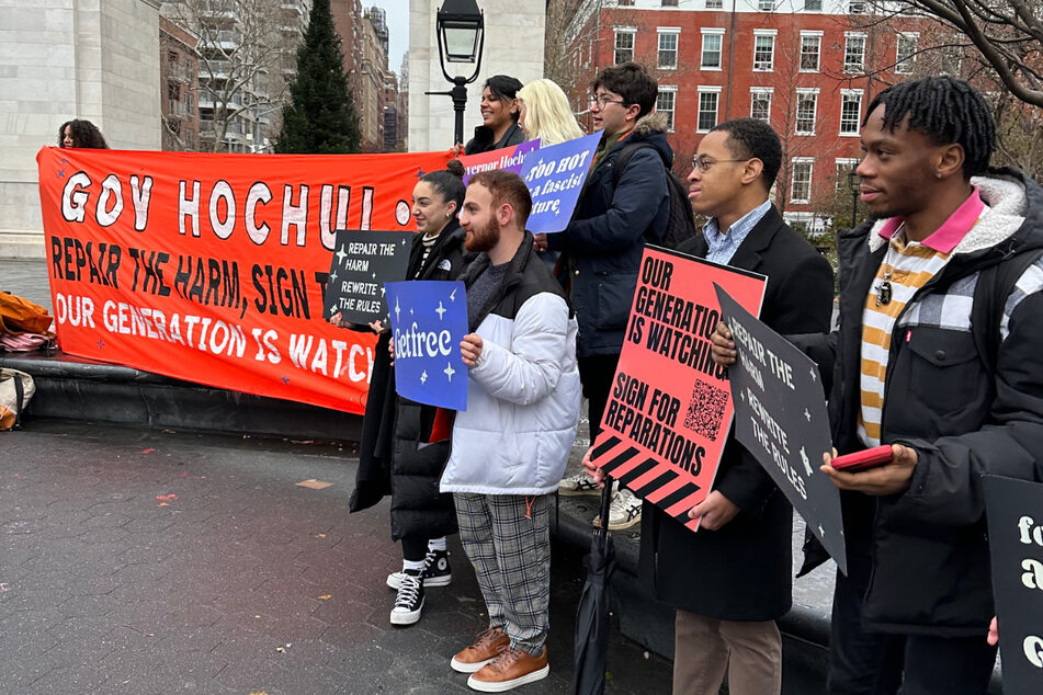 Get Free and New York University students call on Governor Kathy Hochul to enact a New York State reparations commission during a rally.
