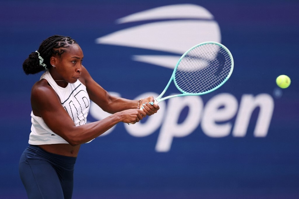 Coco Gauff of the US returns the ball during a practice session prior to the start of the 2024 US Open.