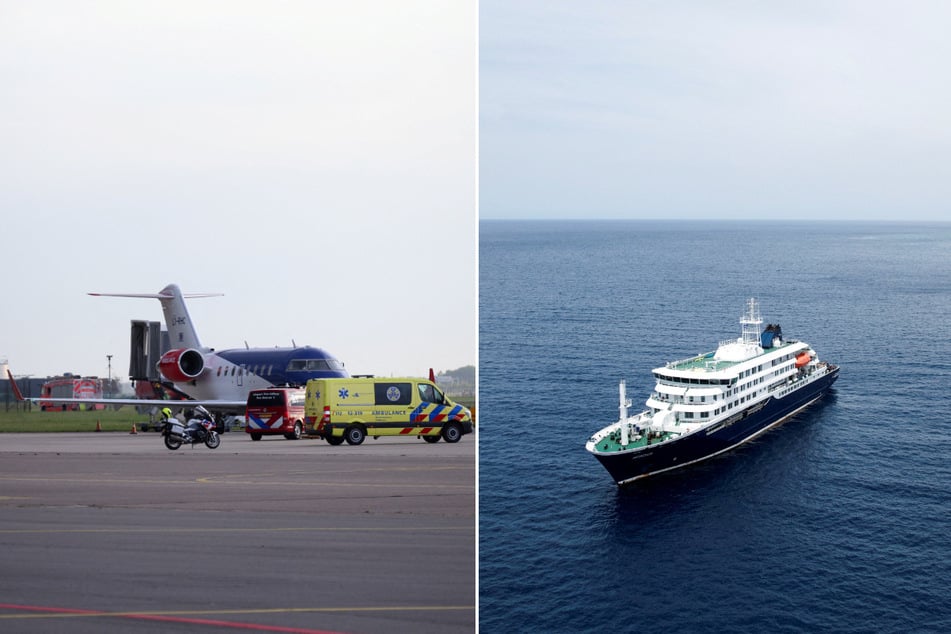 Ambulances are parked by an aircraft that carried patients who got the hantavirus aboard the M/V Hondius (r.) upon arrival at Schiphol Airport near Amsterdam, Netherlands, on May 6, 2026.