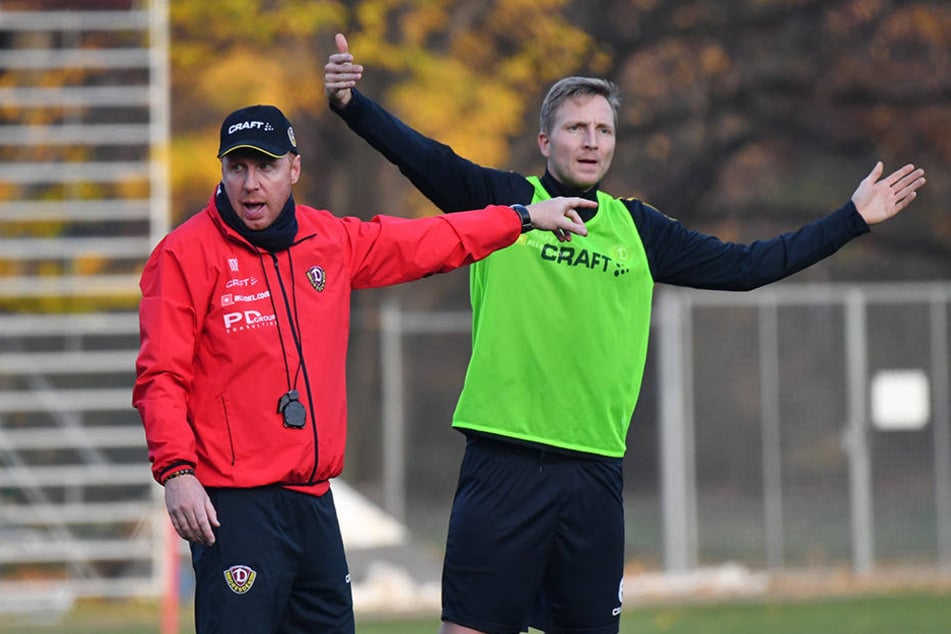 Durch Marco Hartmanns (r.) anhaltende Verletzungsprobleme musste Dynamo-Trainer Maik Walpurgis (l.) seine Abwehr mehrfach umstellen.