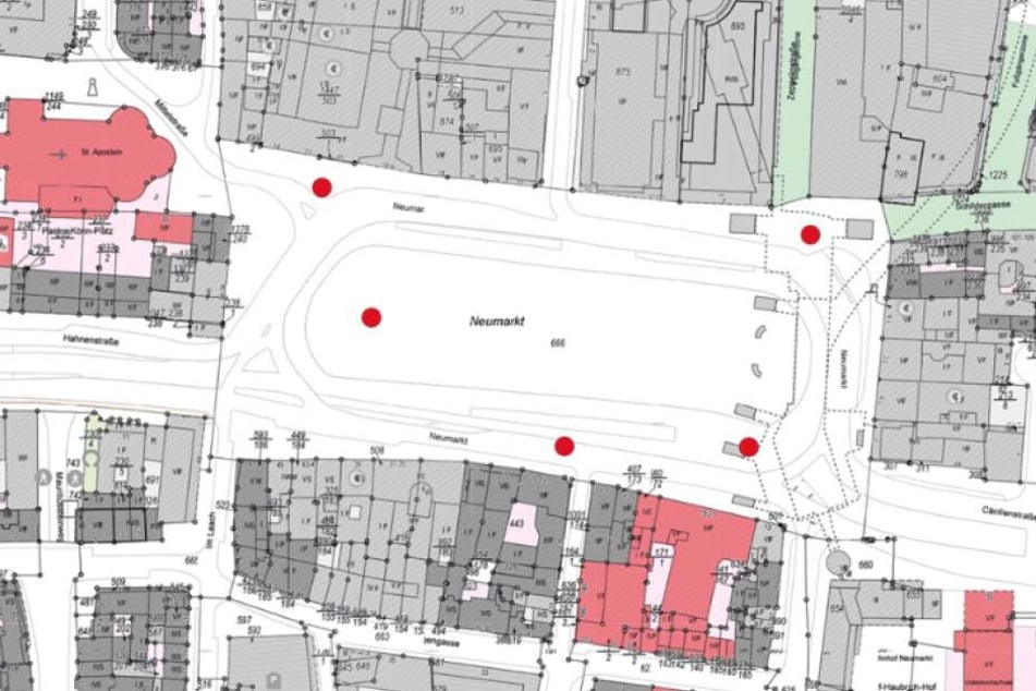 Die roten Punkte zeigen die geplanten Standorte für die Kamera-Überwachung am Kölner Neumarkt.