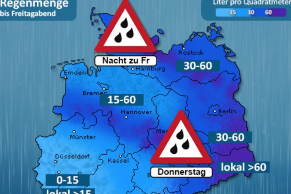 Der Schwerpunkt des Regengebietes (mit Wassermengen über 60 Litern je Quadratmeter) liegt in Ostsachsen.