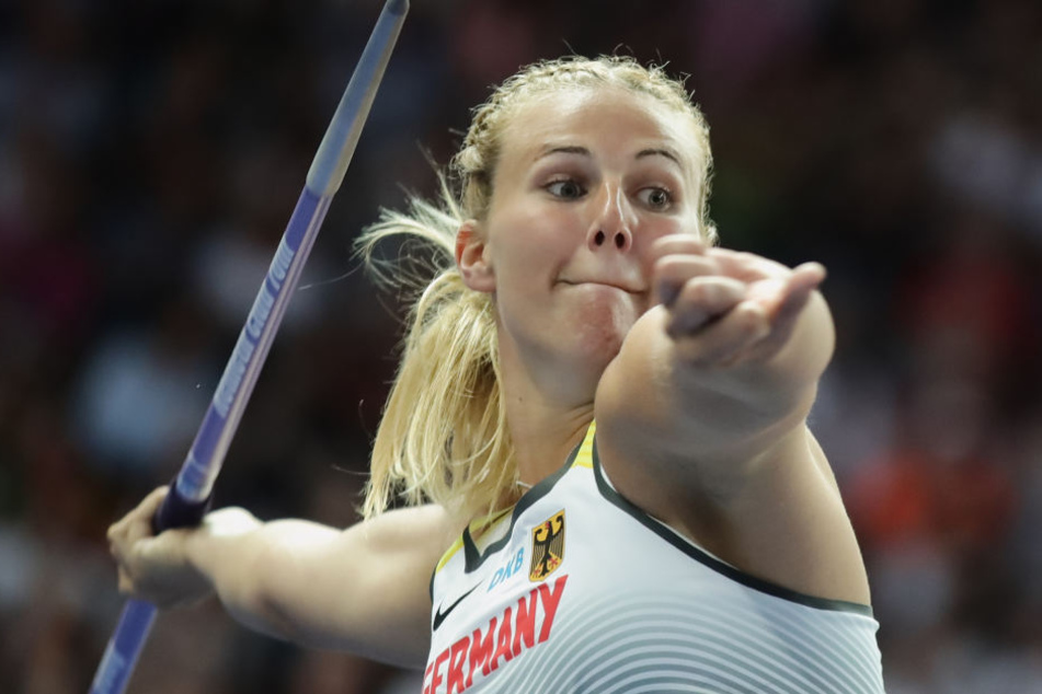 Christin Hussong aus Zweibrücken bei ihrem Goldwurf in Berlin. Die Europameisterin kommt heute nach Thum.