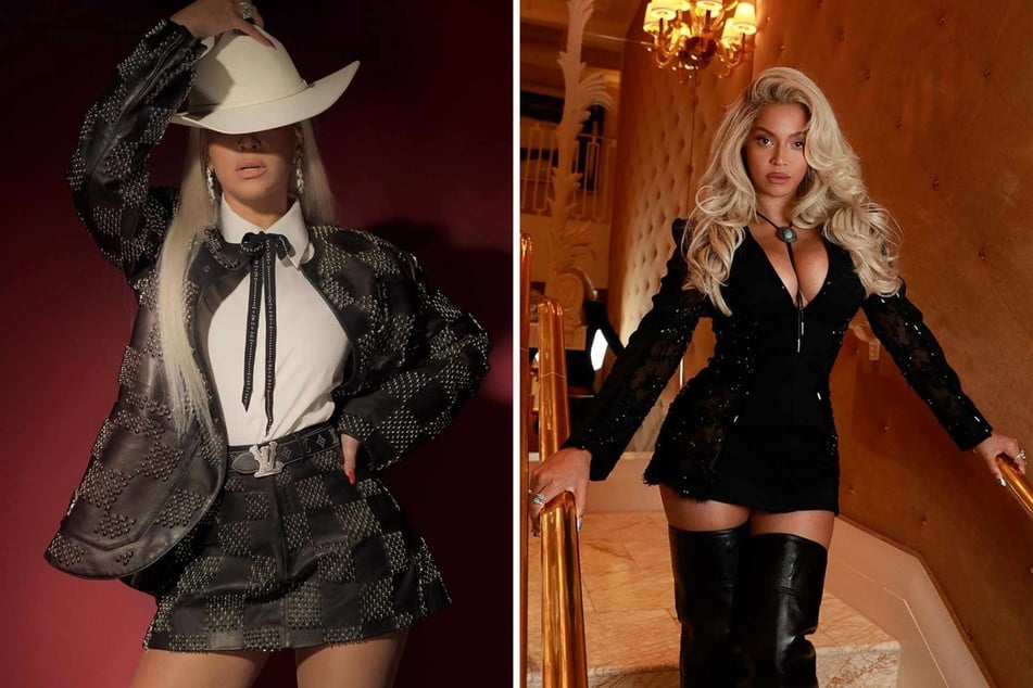 For a creative alternative to the bolo tie (r.), you can also incorporate the also-viral bow trend near the neckline (l.) for a bolo-adjacent look, like Beyoncé!