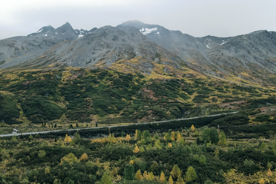 An oil pipeline stretches through the wilderness landscape of Alaska.