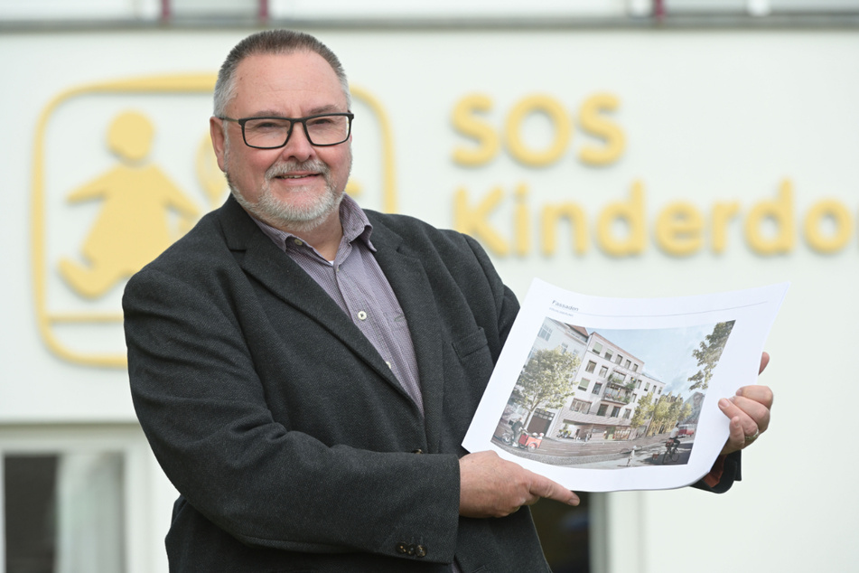 So soll die neue Einrichtung aussehen: Heico Michael Engelhardt (51), Leiter des SOS-Kinderdorfs in Zwickau, zeigt eine Visualisierung.