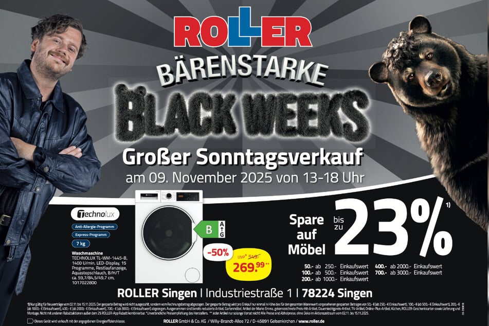 Zur Sonderöffnung (9.11.) bei ROLLER in Singen gibt's Technolux Waschmaschinen satte 50 Prozent günstiger.