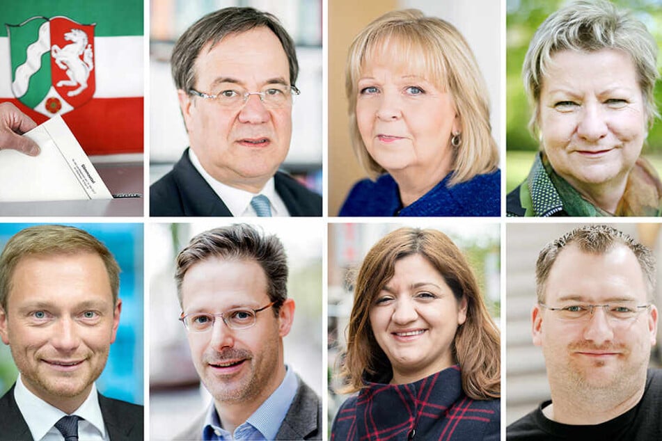Die NRW-Spitzenkandidaten (oben, li-re.): Armin Laschet (CDU), Hannelore Kraft (SPD), Sylvia Löhrmann (Grüne) und (unten, li.-re): Christian Lindner (FDP), Marcus Pretzell (AfD), Özlem Alev Demirel (Linke) und Michele Marsching (Piraten).