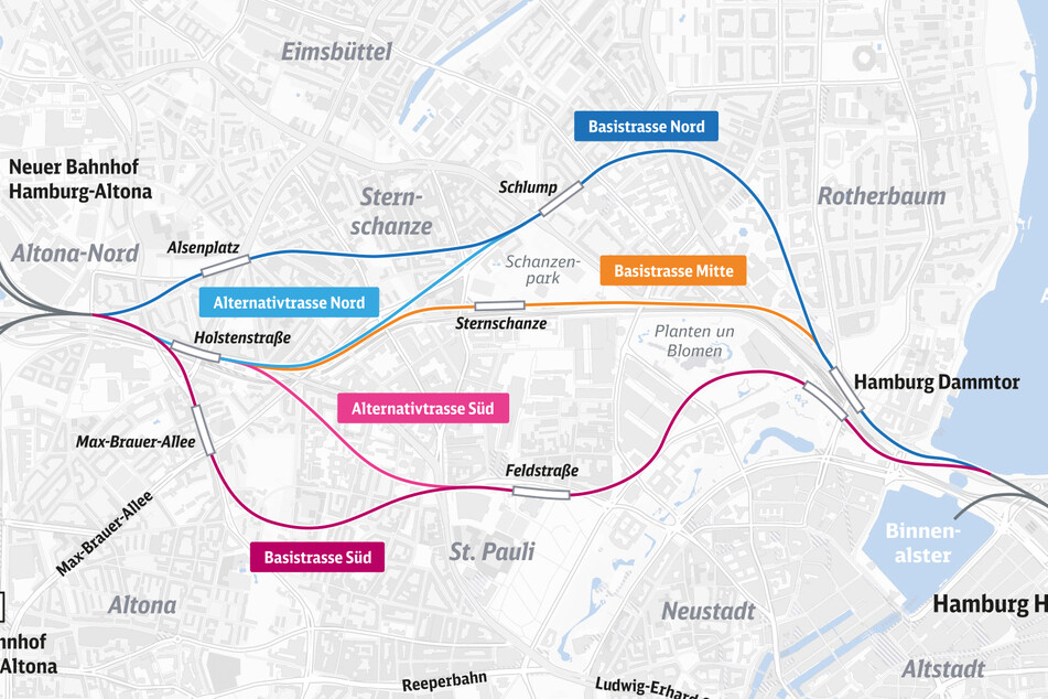 Die Übersicht aller diskutierten Basistrassen und Alternativen des geplanten S-Bahn Hamburg-Tunnels.
