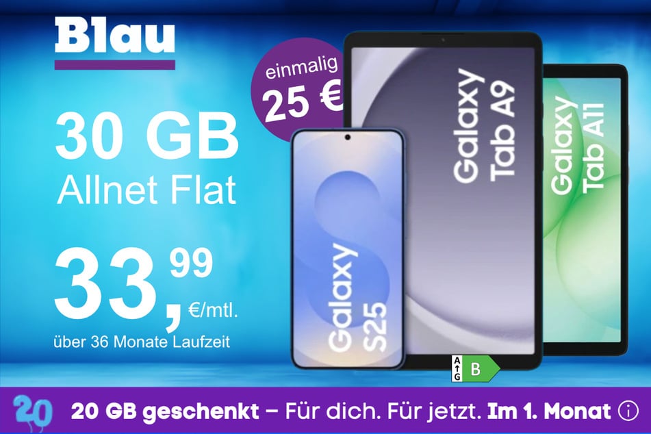 Das Samsung Galaxy S25 + Tab A9 + Tab A11 im Blau Allnet L für einmalig 25 Euro.