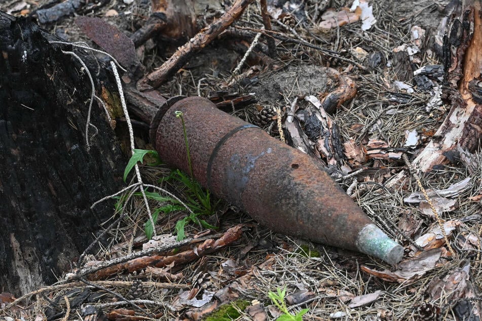 Eine verrostete russische Panzergranate aus dem Zweiten Weltkrieg liegt auf dem Waldboden bei Lieberose. Eine 30-jährige Berlinerin hat in einer Gartenkolonie in Eberswalde einen mutmaßlich ähnlichen Sprengkörper entdeckt. (Symbolfoto)