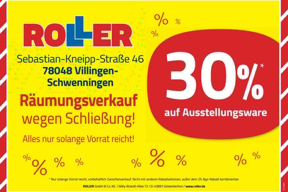 Während des Räumungsverkaufs bei ROLLER in Villingen-Schwenningen gibt's jetzt 30 Prozent Nachlass beim Möbelkauf.¹
