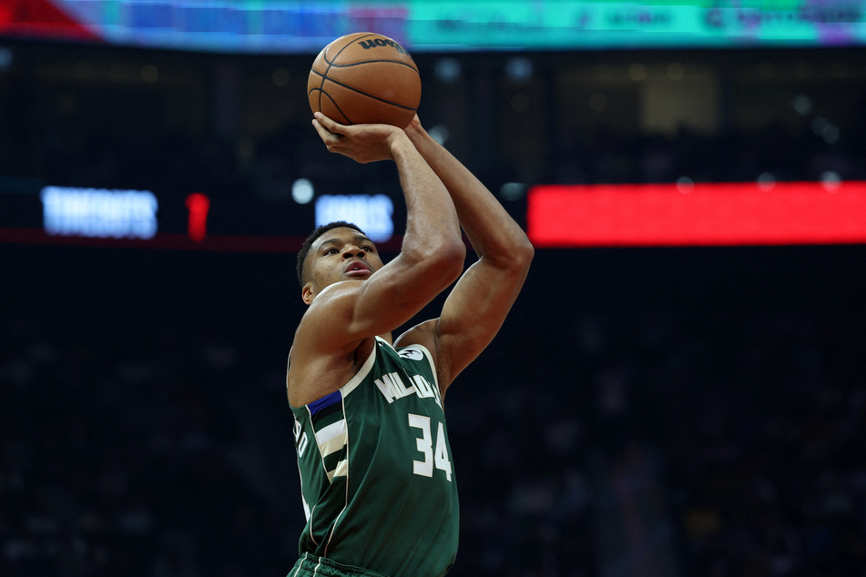 Giannis Antetokounmpo rises to shoot against the Atlanta Hawks in an exhibition match.