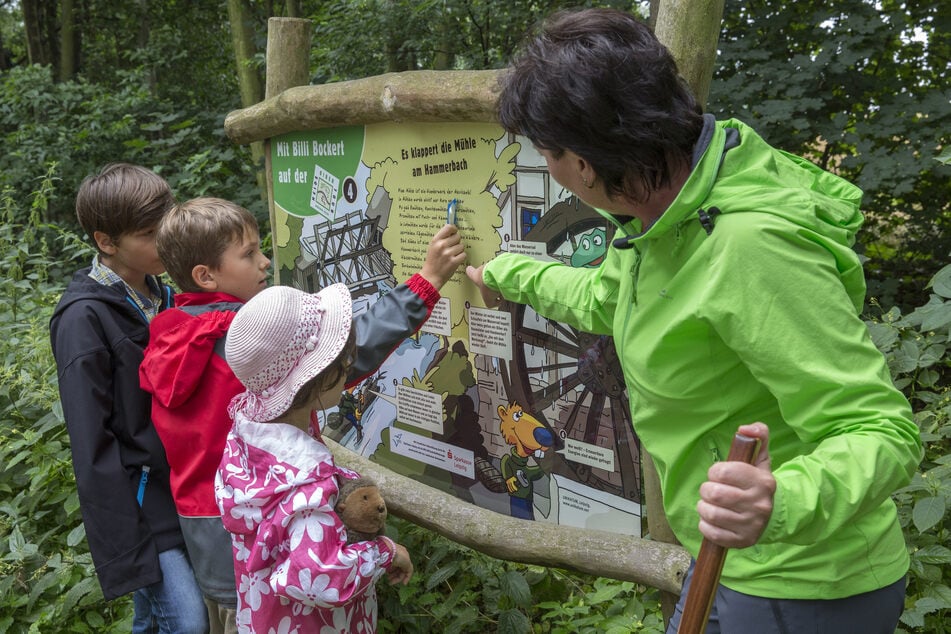 Familien erfahren während der Billi-Bockert-Erlebnistour Wissenswertes über Sehenswürdigkeiten und das Leben der Biber.