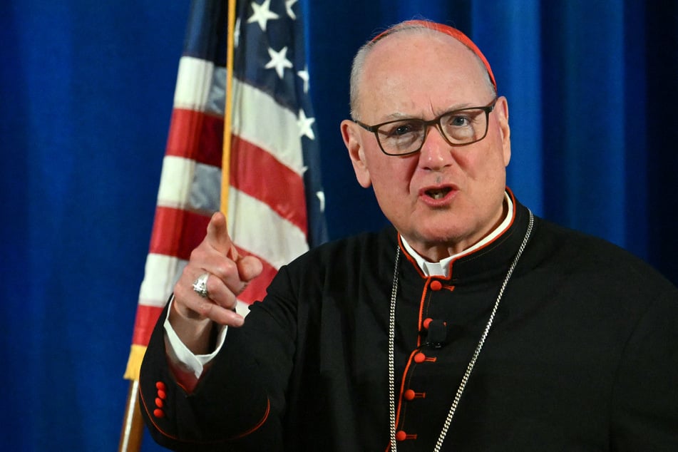 Timothy Michael Dolan attends a press conference of US cardinals, a day after the new pope's election, at the North American College in Rome, Italy, on May 9, 2025.