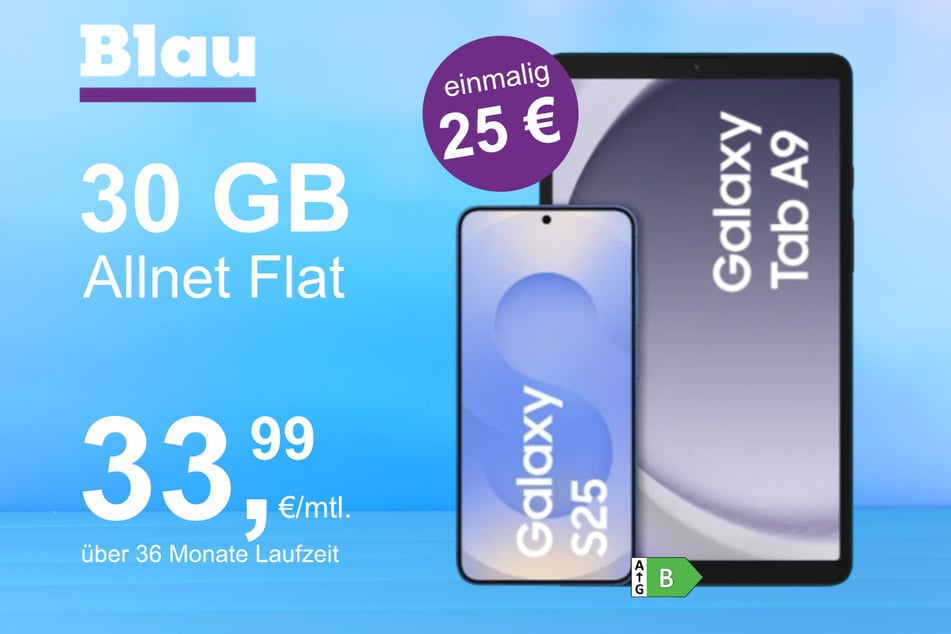 Das Samsung Galaxy S25 + Galaxy Tab A9 im Blau Allnet L für einmalig 25 Euro.