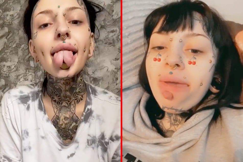 Dawn can poke her split tongue through a hole in her bottom lip.