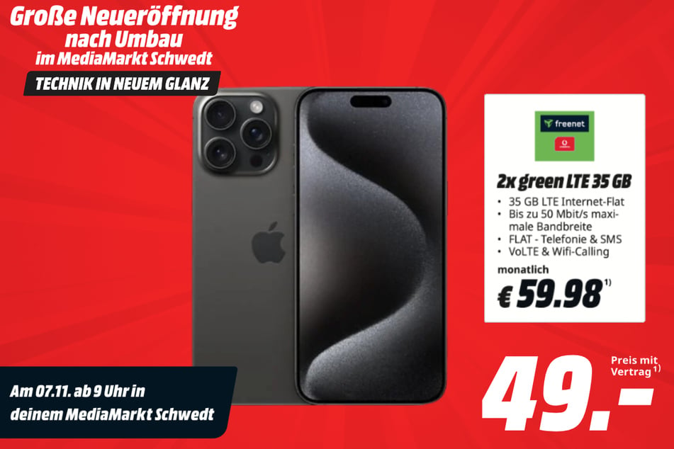 Apple iPhone 15 Pro Max 5G für 49 Euro im Tarif.