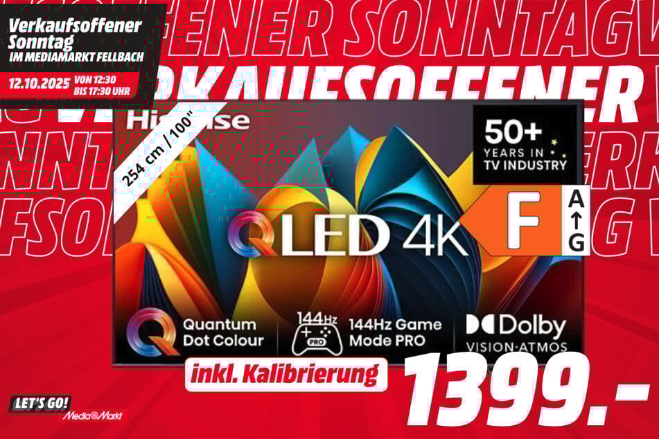 100-Zoll Hisense-Fernseher 100E7NQ für 1.399 Euro (inkl. Kalibrierung).