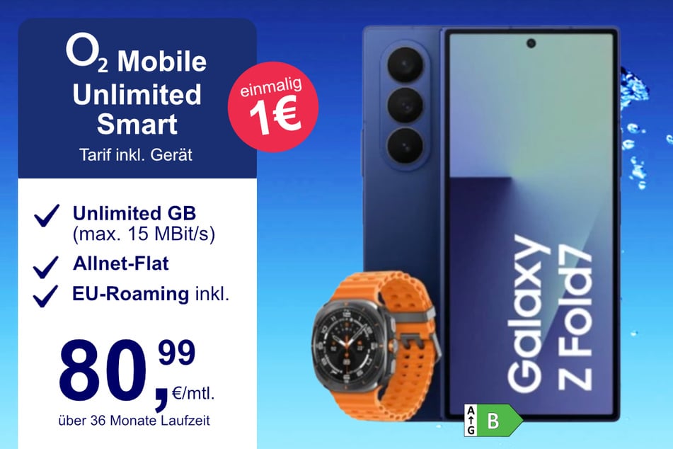 Das Samsung Galaxy Z Fold7 + Watch Ultra im o2 Mobile Unlimited Smart für einmalig 1 Euro.
