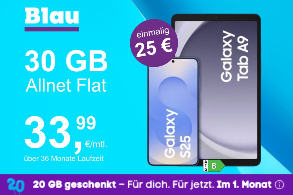 Das Samsung Galaxy S25 + Galaxy Tab A9 im Blau Allnet L für einmalig 25 Euro.