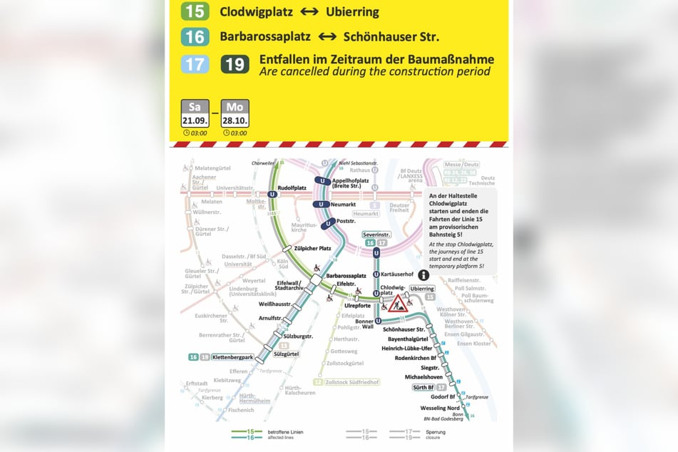 Wegen der Sanierungsarbeiten werden zwei Linien der KVB zeitweise komplett entfallen.