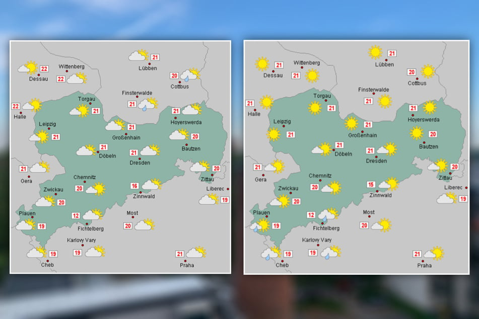 Während es am Samstag nach wolkig wird (linkes Bild), bekommen wir am Sonntag (rechtes Bild) jede Menge Sonne ab.