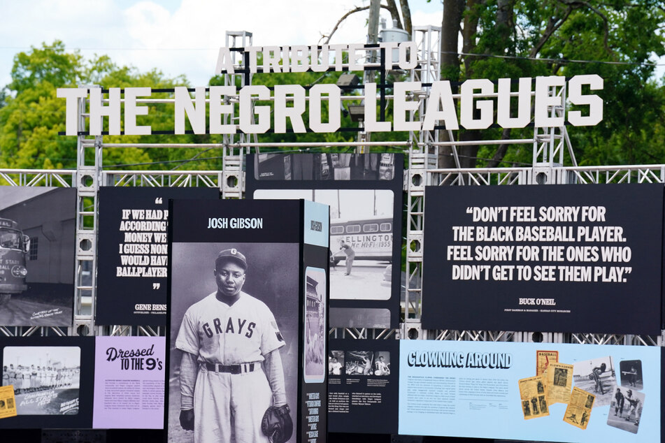 A tribute to the Negro Leagues stands outside Rickwood Field, the oldest baseball stadium in America.